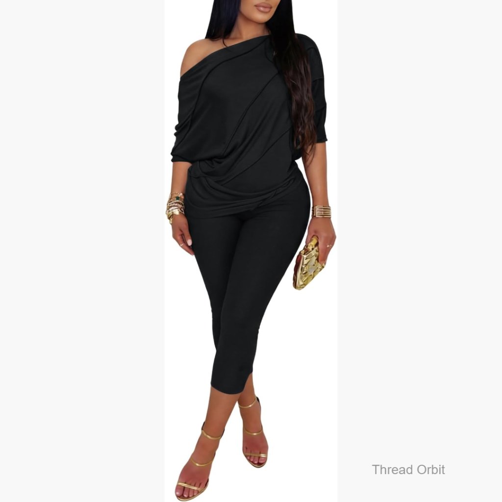 Ribbed Knit One Shoulder Batwing Sleeve Blouse & Bodycon Capri Pants Set